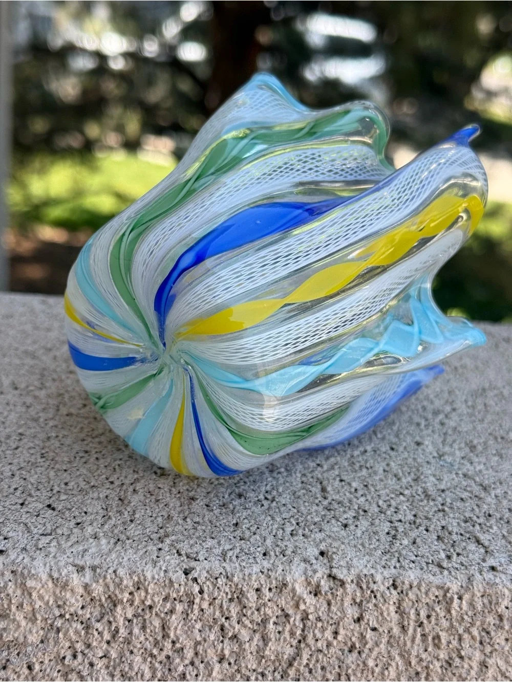 Murano Latticino Blue Green Yellow & White Ribbon Blown Glass Bowl Handkerchief